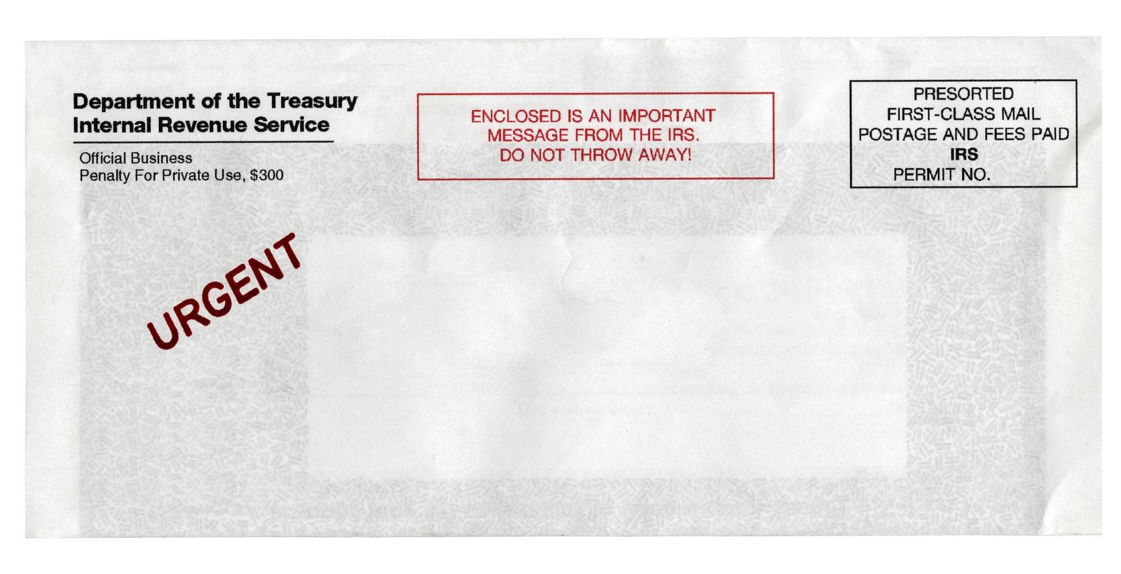 Urgent IRS envelope with red boxed notice: Enclosed is an important message from the IRS. Do not throw away!